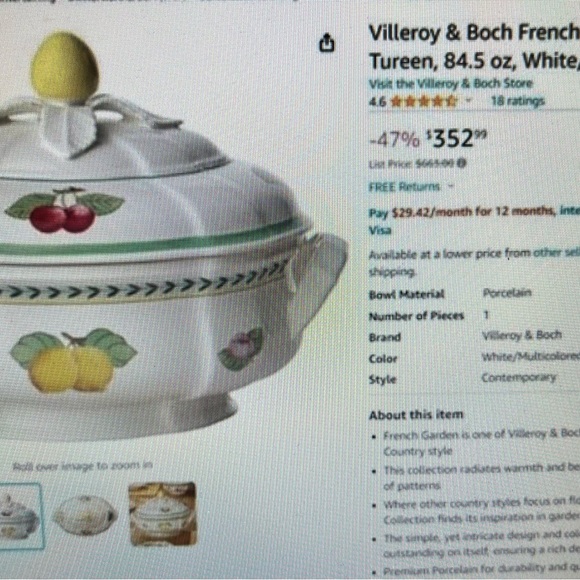 VILLEROY & BOCH French Garden Fleurence Soup Tureen/Serving Bowl w/ Lid 84.5 oz - Picture 9 of 9